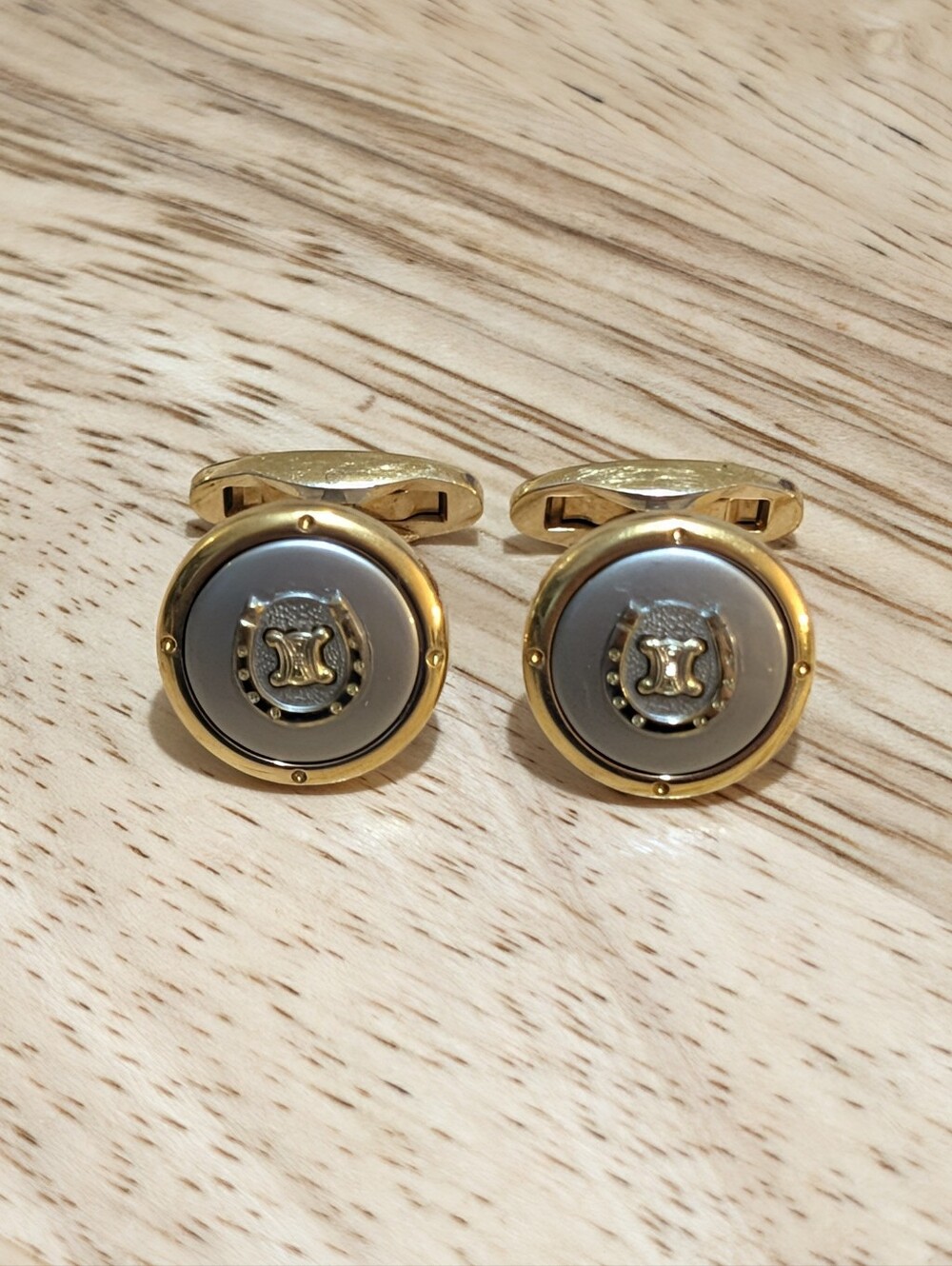 Vintage Celine Round Gold & Silver Cufflinks Horseshoe Logo